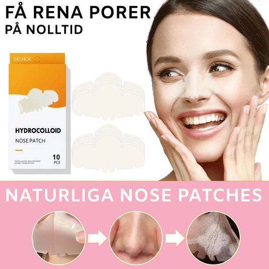 Reklam för EELHOE Hydrocolloid Nose Patch med texten "Få rena porer på nolltid". Bilden visar en leende kvinna som använder en näsplåster, förpackningen med 10 plåster och detaljer om hur plåstren fungerar för att rena porer.